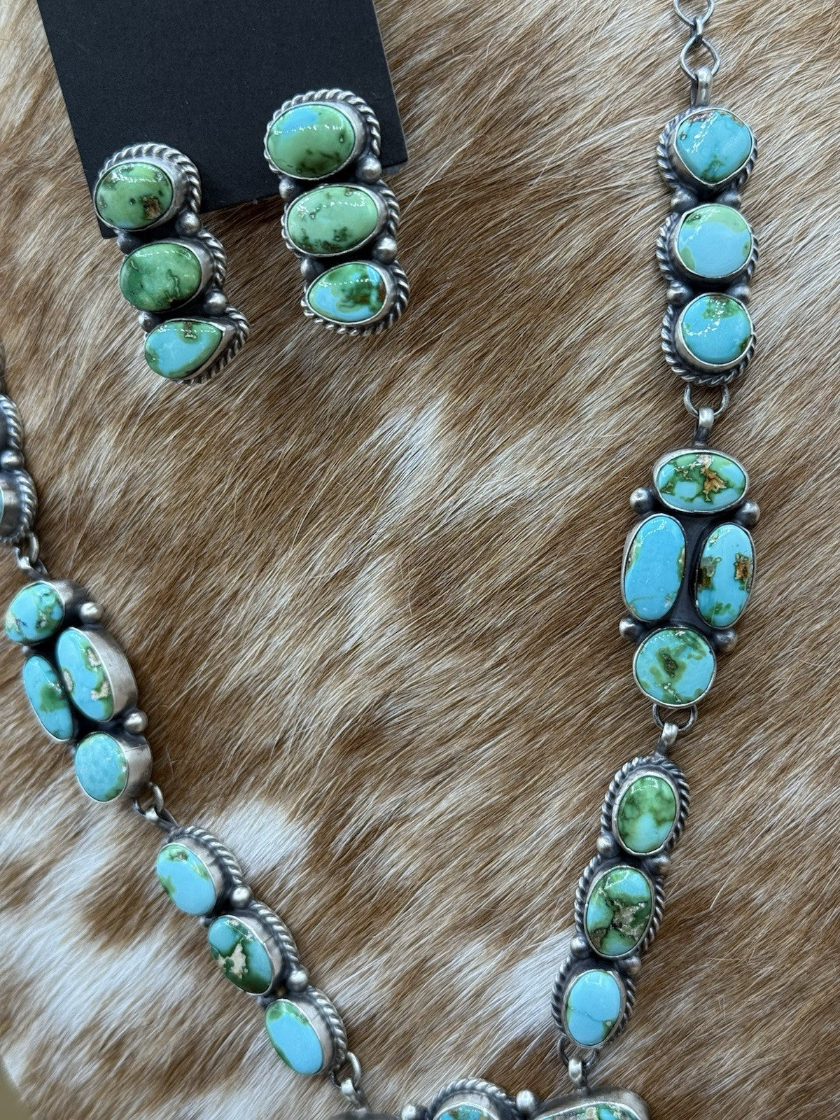 Navajo Handmade Sterling Silver Sonoran Gold Turquoise Cluster Necklace Set 20”
