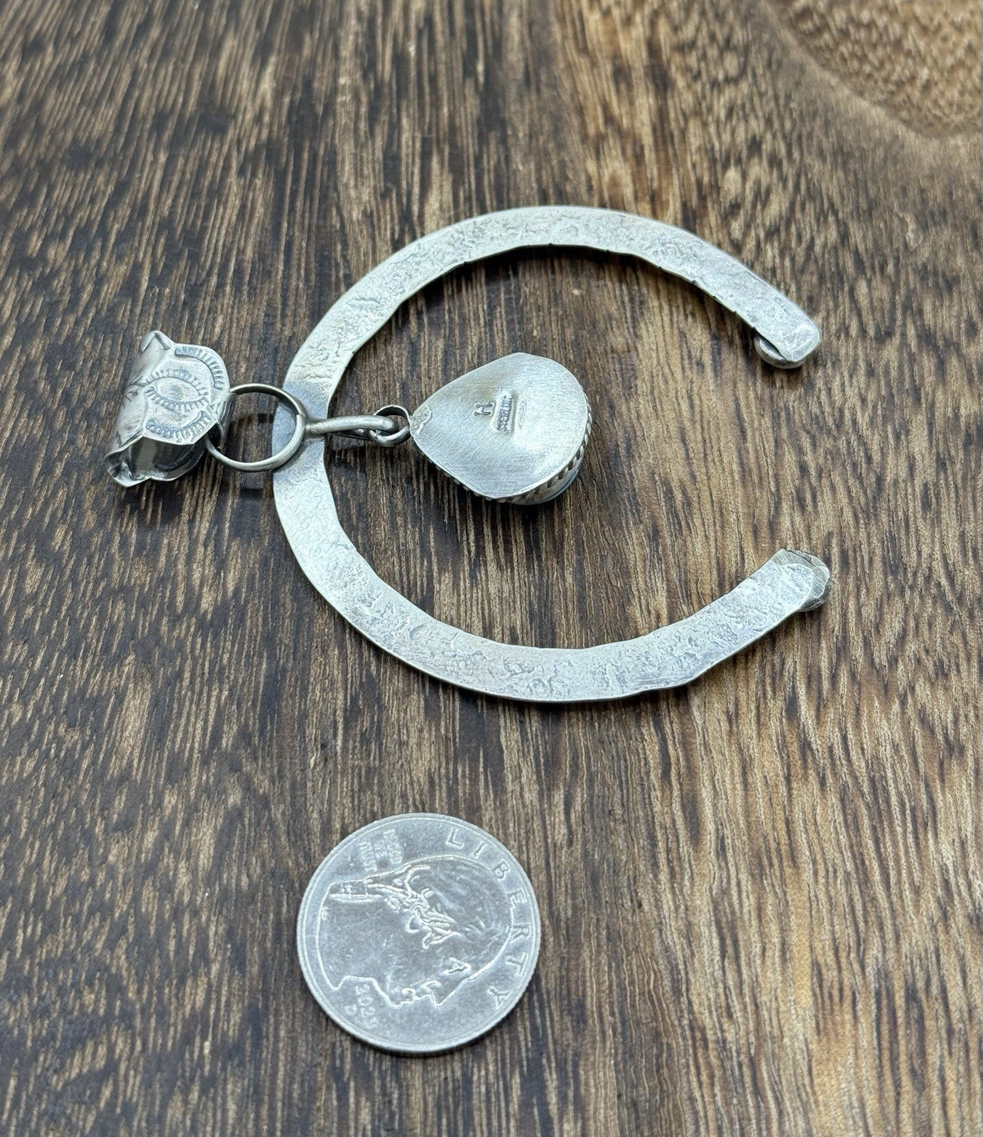 Navajo Handmade Sterling Silver Stamped Blue Bird Turquoise Naja Pendant