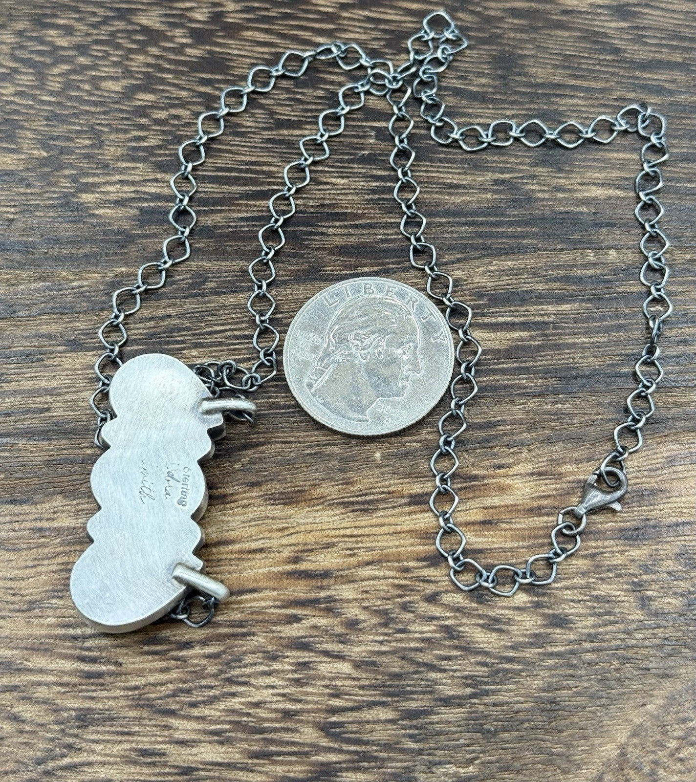 Navajo Handmade Sterling Silver Kingman Turquoise Cluster Bar Necklace 18”