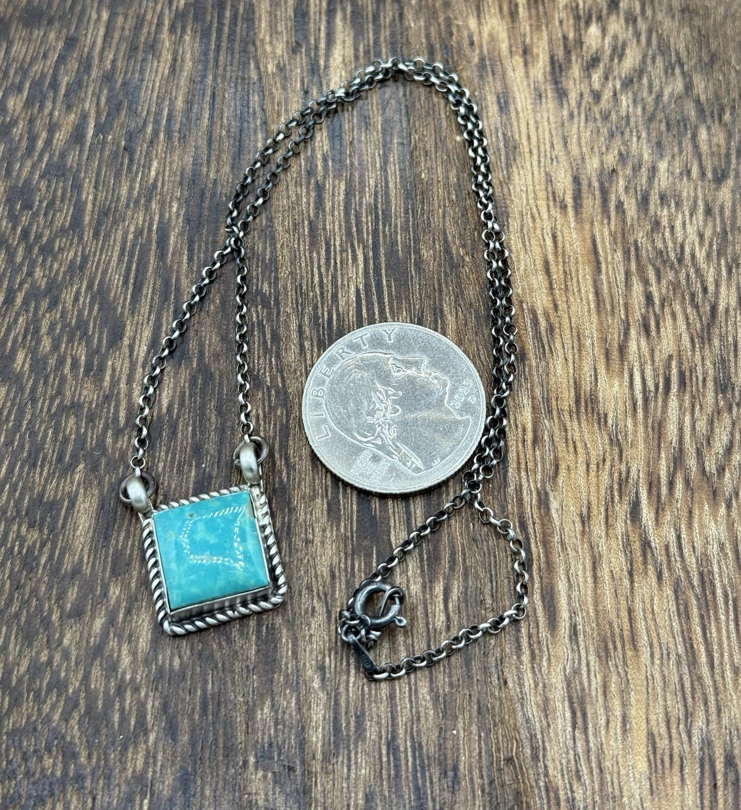 Native Navajo Handmade Silver Kingman Turquoise Cluster Bar Necklace 16”