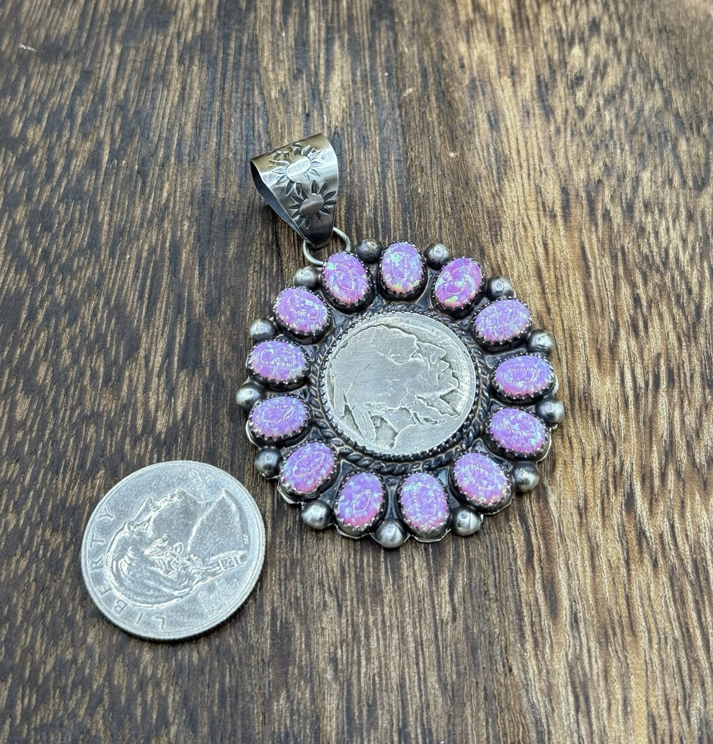 Navajo Handmade Sterling Silver Pink Fire Opal Cluster Buffalo Coin Pendant
