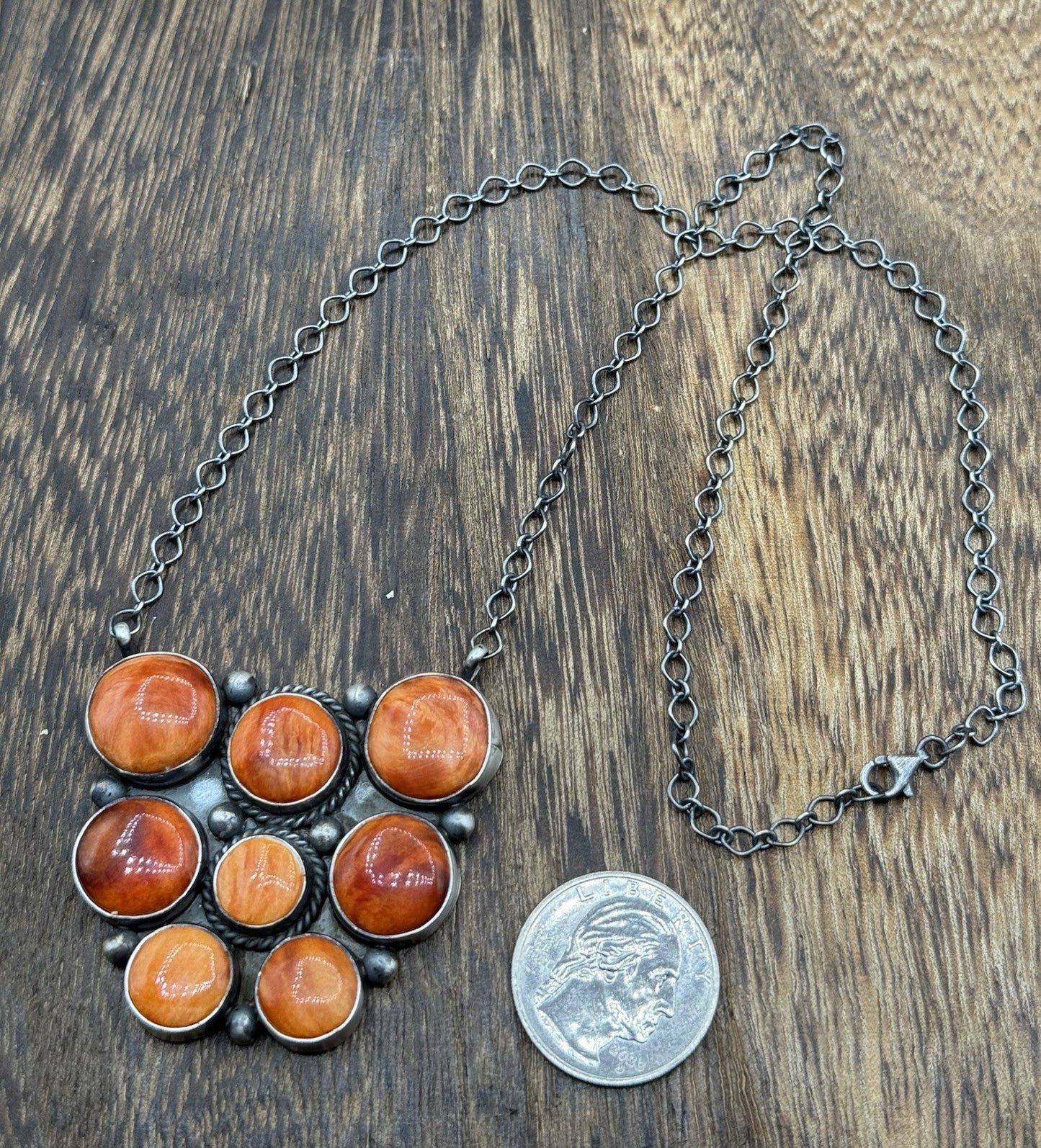 Navajo Handmade Sterling Silver Orange Spiny Oyster Cluster Bar Necklace 18”