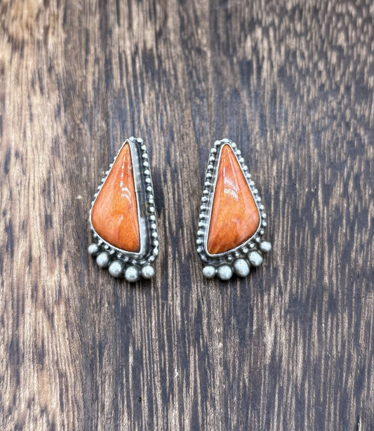 Native Navajo Handmade Sterling Silver Orange Spiny Oyster Post Stud Earrings