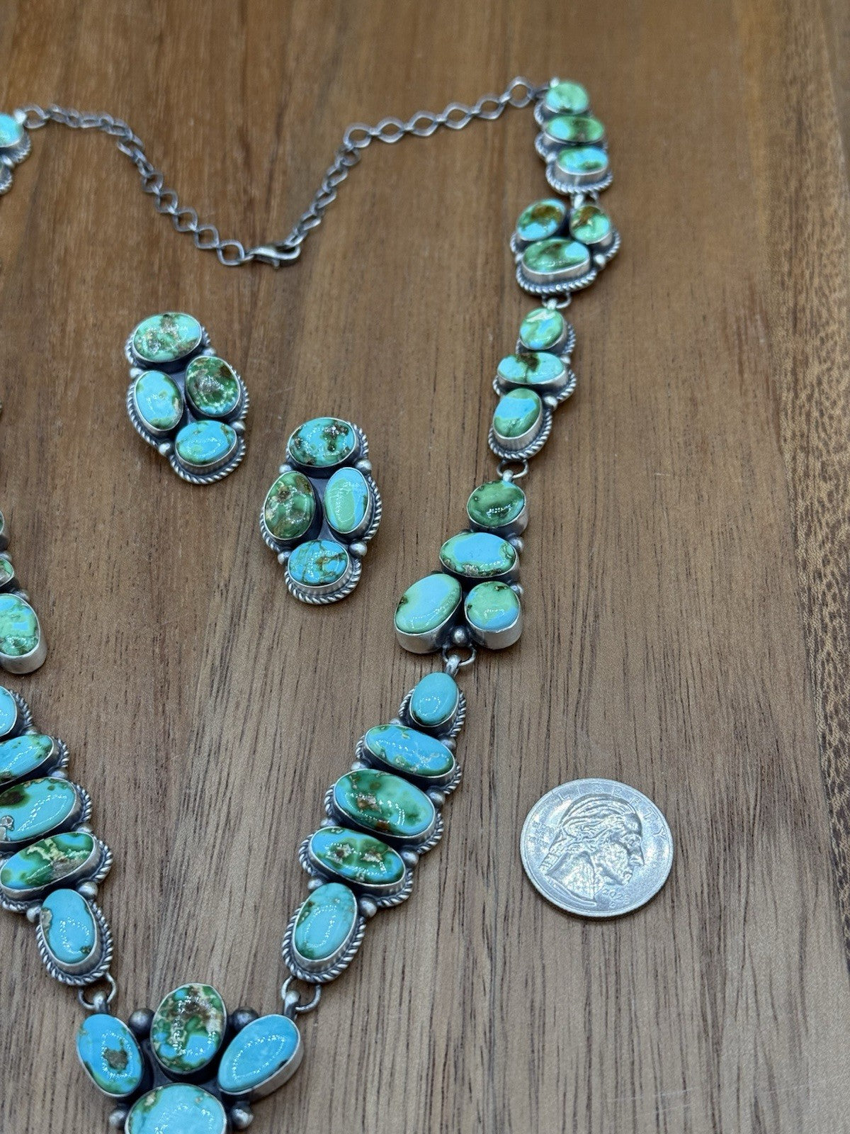 Navajo Handmade Sterling Silver Sonoran Gold Turquoise Cluster Lariat Necklace