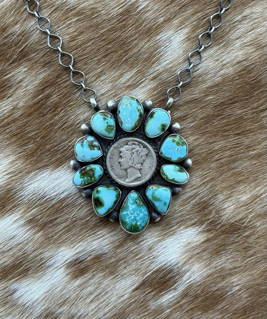 Navajo Handmade Silver Sonoran Gold Turquoise Liberty Coin Cluster Necklace 18”