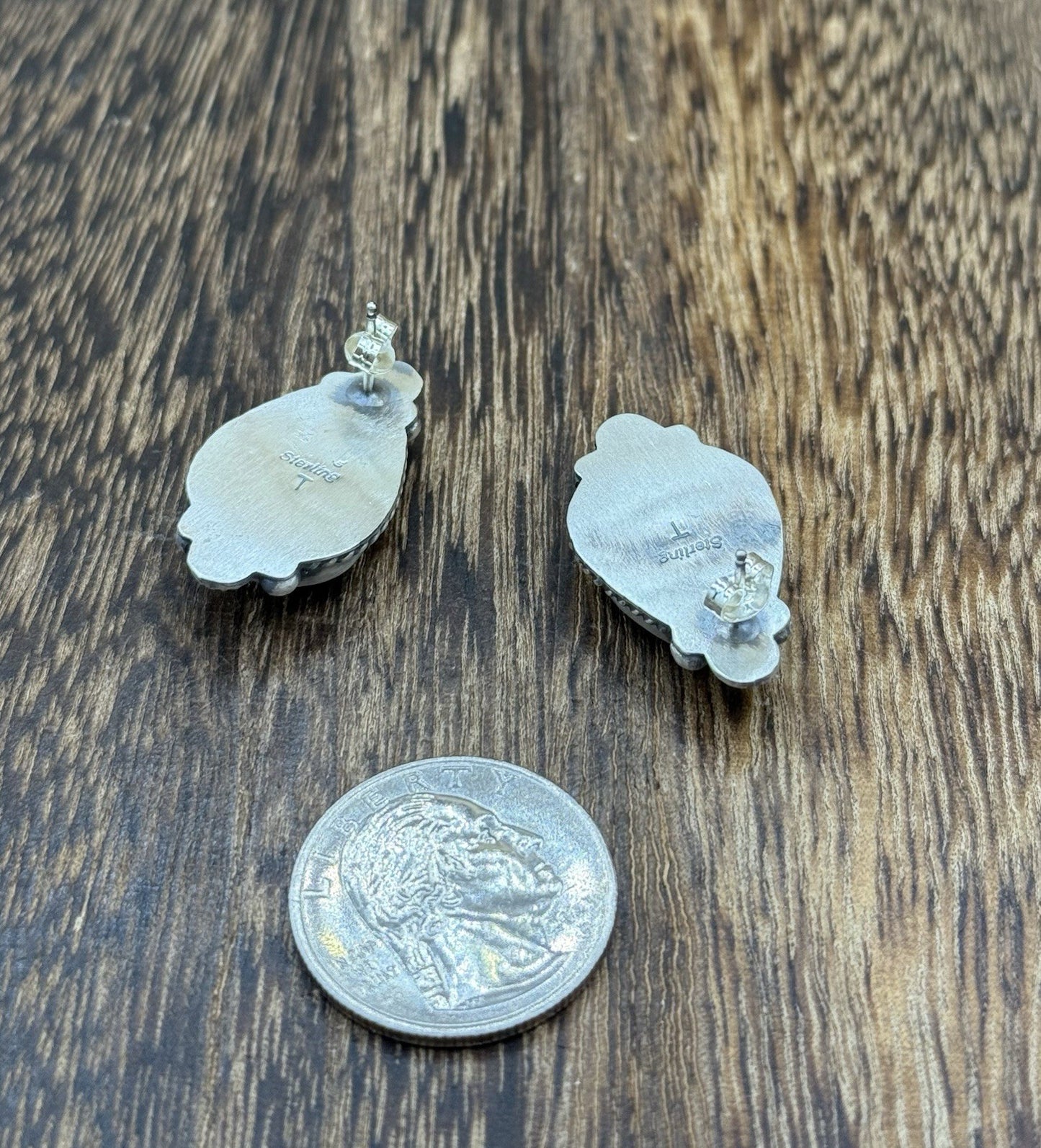 Navajo Handmade Sterling Silver Blackjack Turquoise Old Look Post Stud Earrings