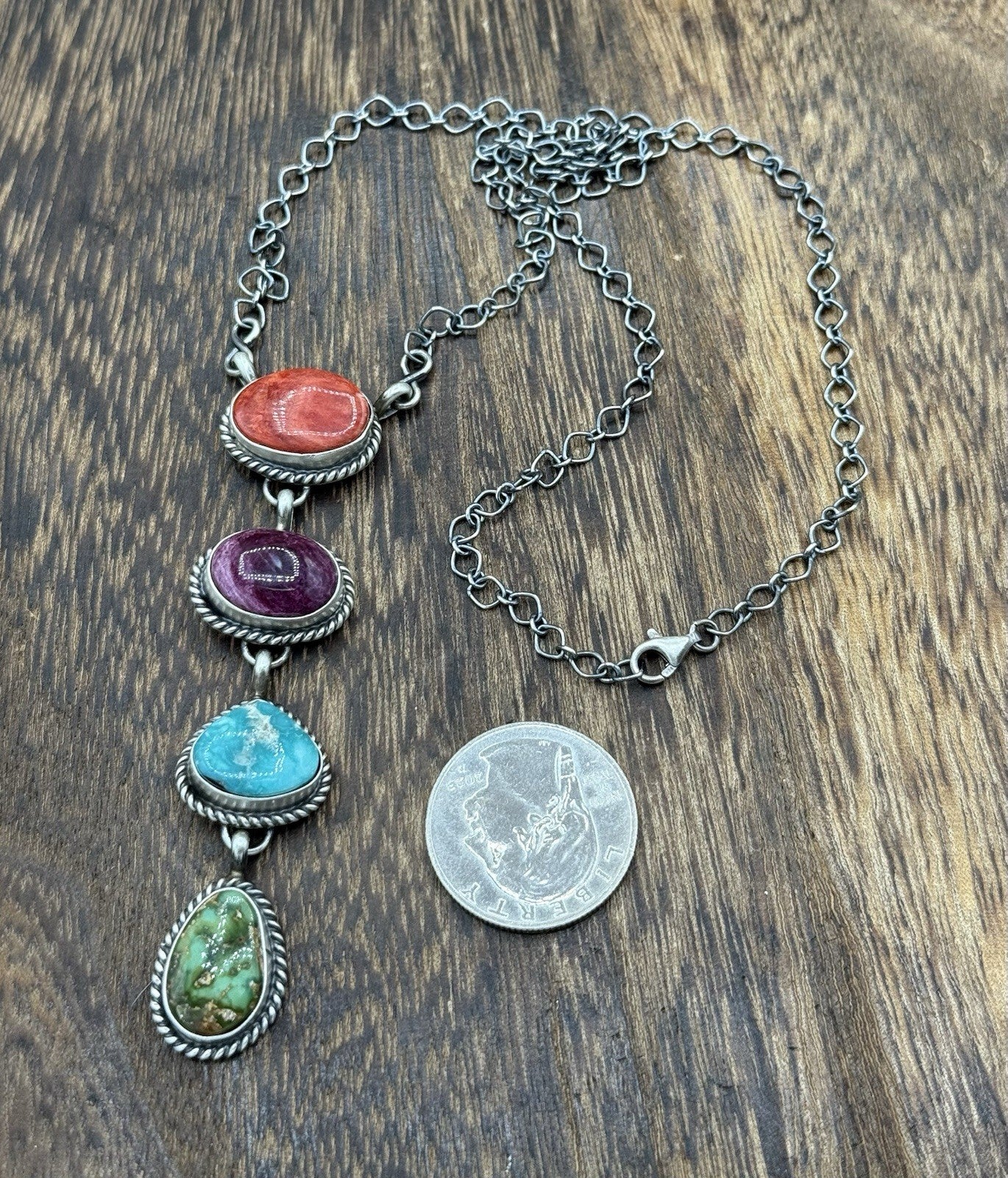 Navajo Handmade Sterling Silver Multi Color Mixed Stone Lariat Necklace 18”