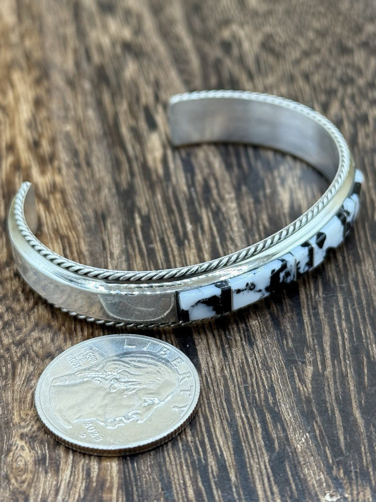 Navajo Handmade Sterling Silver White Buffalo Inlay Cuff Bracelet Francis Yazzie