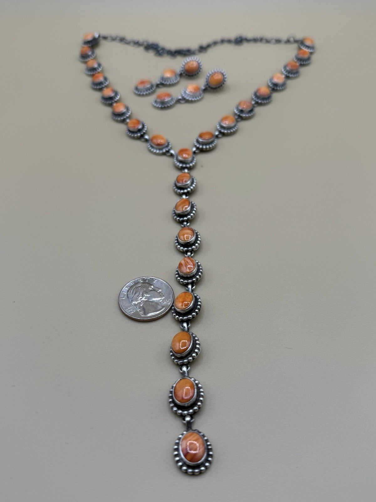Navajo Handmade Sterling Silver Orange Spiny Oyster Lariat Dangle Necklace Long
