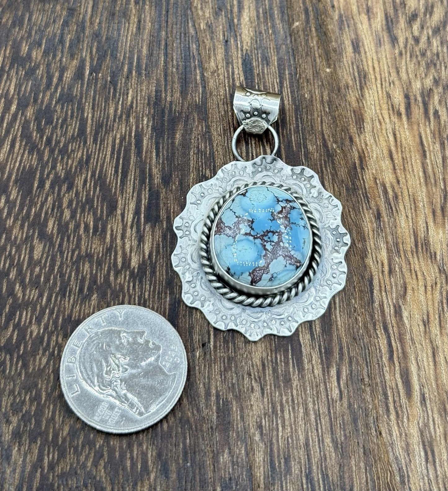 Navajo Handmade Sterling Silver Golden Hills Turquoise Stamped Drop Pendant