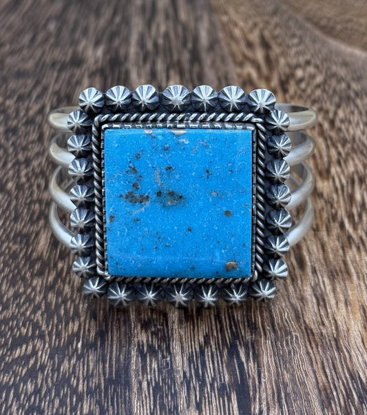 Native Navajo Handmade Sterling Silver Morenci Turquoise Old Look Cuff Bracelet