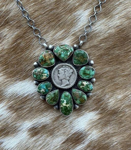 Navajo Handmade Silver Sonoran Gold Turquoise Liberty Coin Cluster Necklace 18”