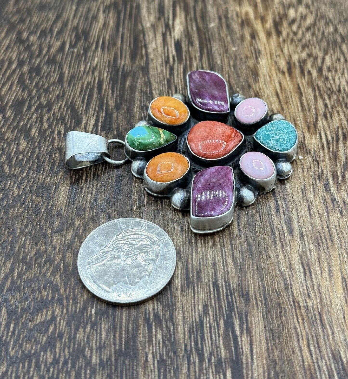 Navajo Handmade Sterling Silver Multi Color Turquoise Spiny Cluster Pendant Lg.