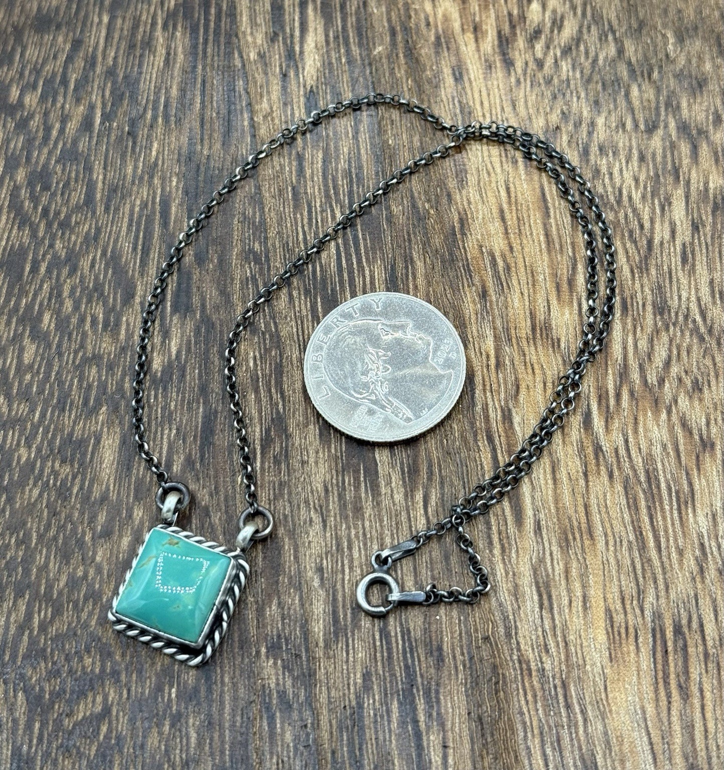 Native Navajo Handmade Silver Kingman Turquoise Cluster Bar Necklace 16”