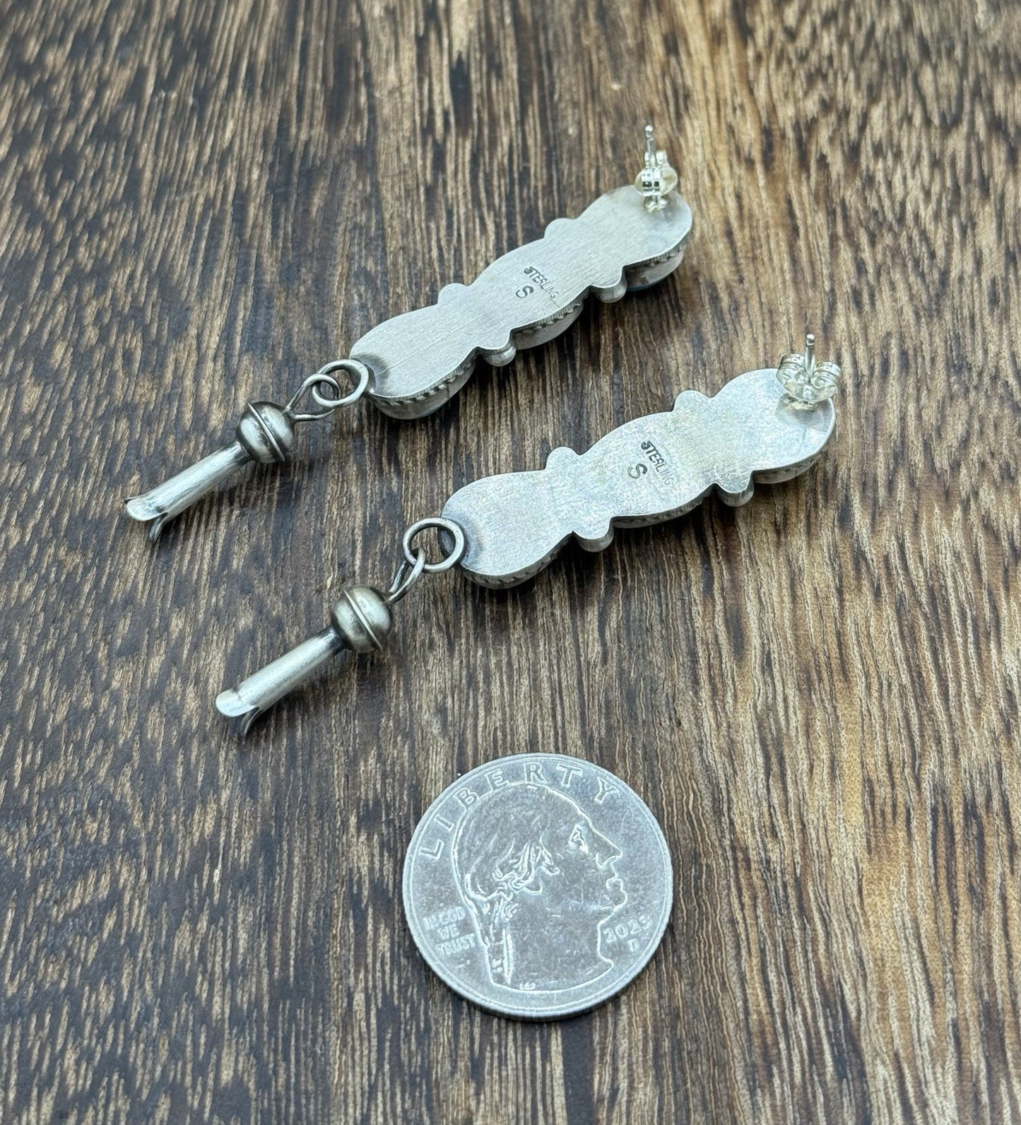 Navajo Handmade Sterling Silver Kingman Turquoise Blossom Post Dangle Earrings