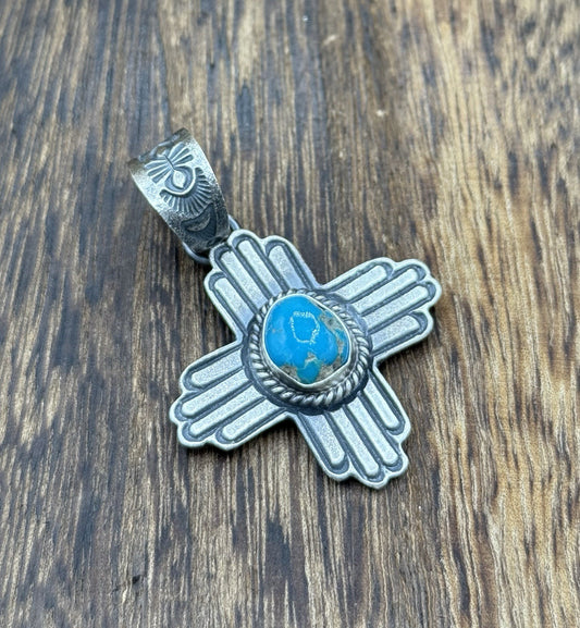 Navajo Handmade Sterling Silver Old Look Kingman Turquoise Zia Pendant Kevin B.