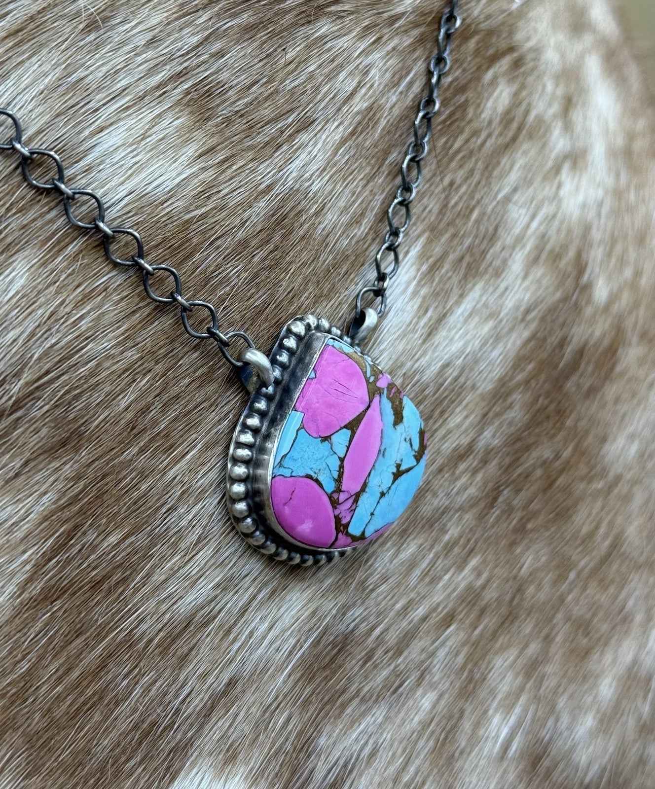 Native Navajo Handmade Sterling Silver Cotton Candy Dahlia Bar Necklace 18”