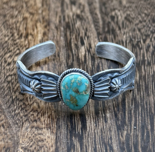 Navajo Handmade Sterling Silver Emerald Valley Turquoise Old look Cast Bracelet