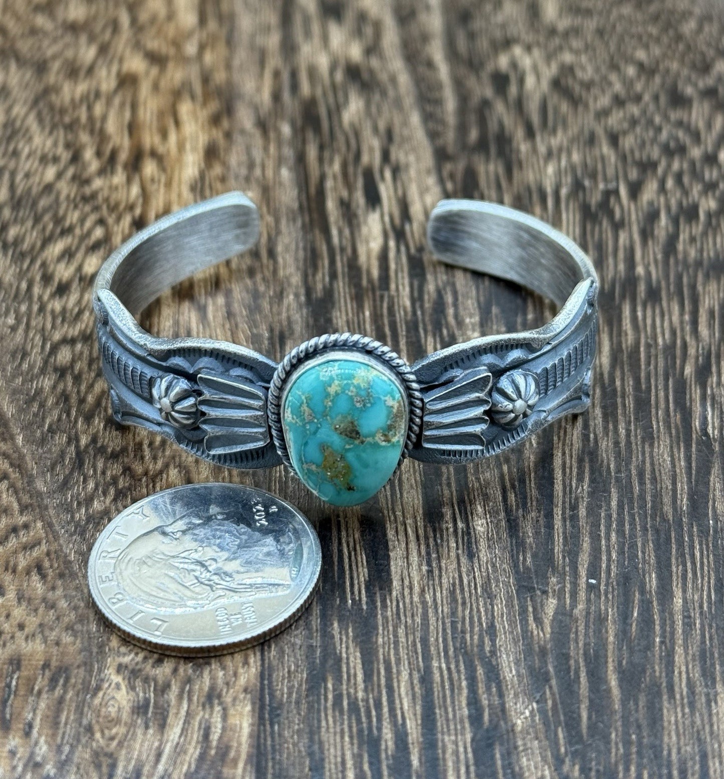 Navajo Handmade Sterling Silver Emerald Valley Turquoise Old look Cast Bracelet