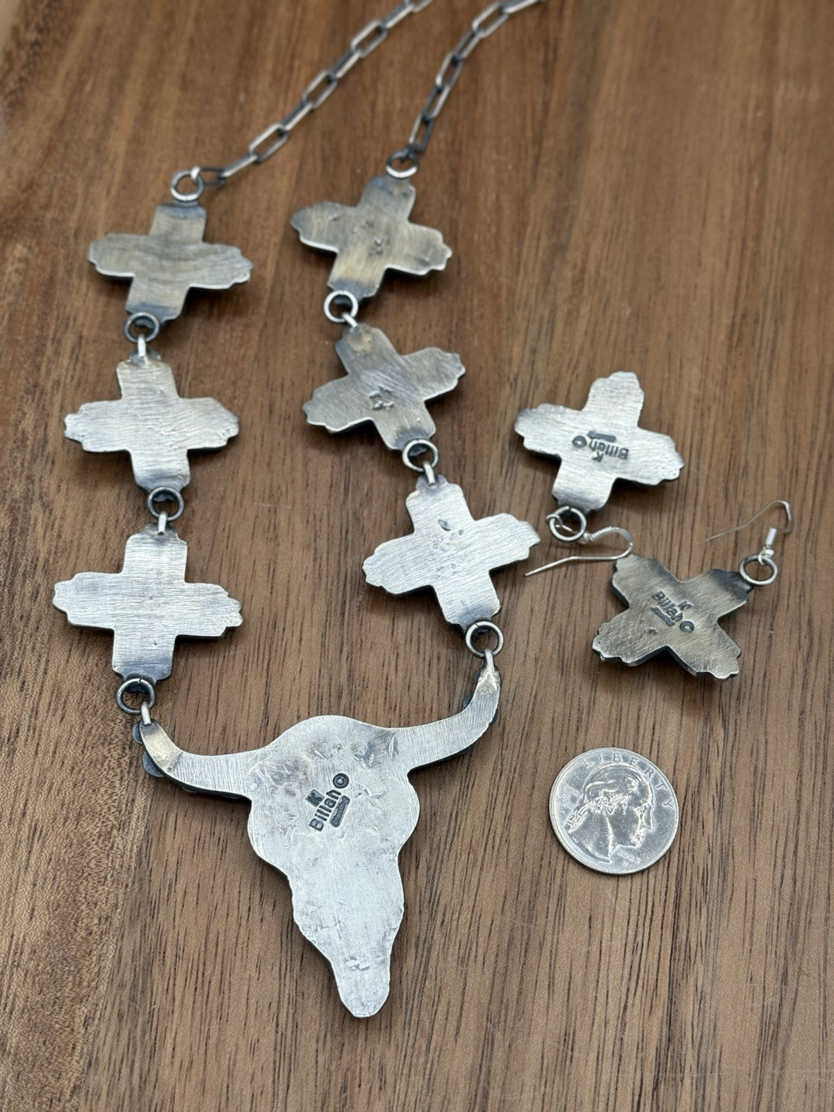 Navajo Handmade Sterling Silver Sonoran Gold Turquoise Longhorn Zia Necklace Set