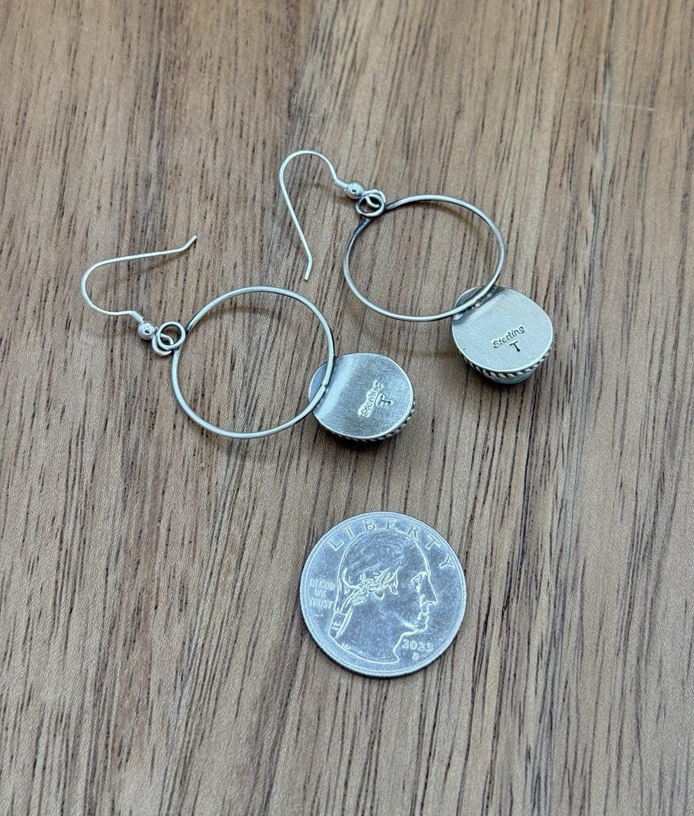 Navajo Handmade Sterling Silver Kingman Turquoise Hoop Dangle Drop Earrings