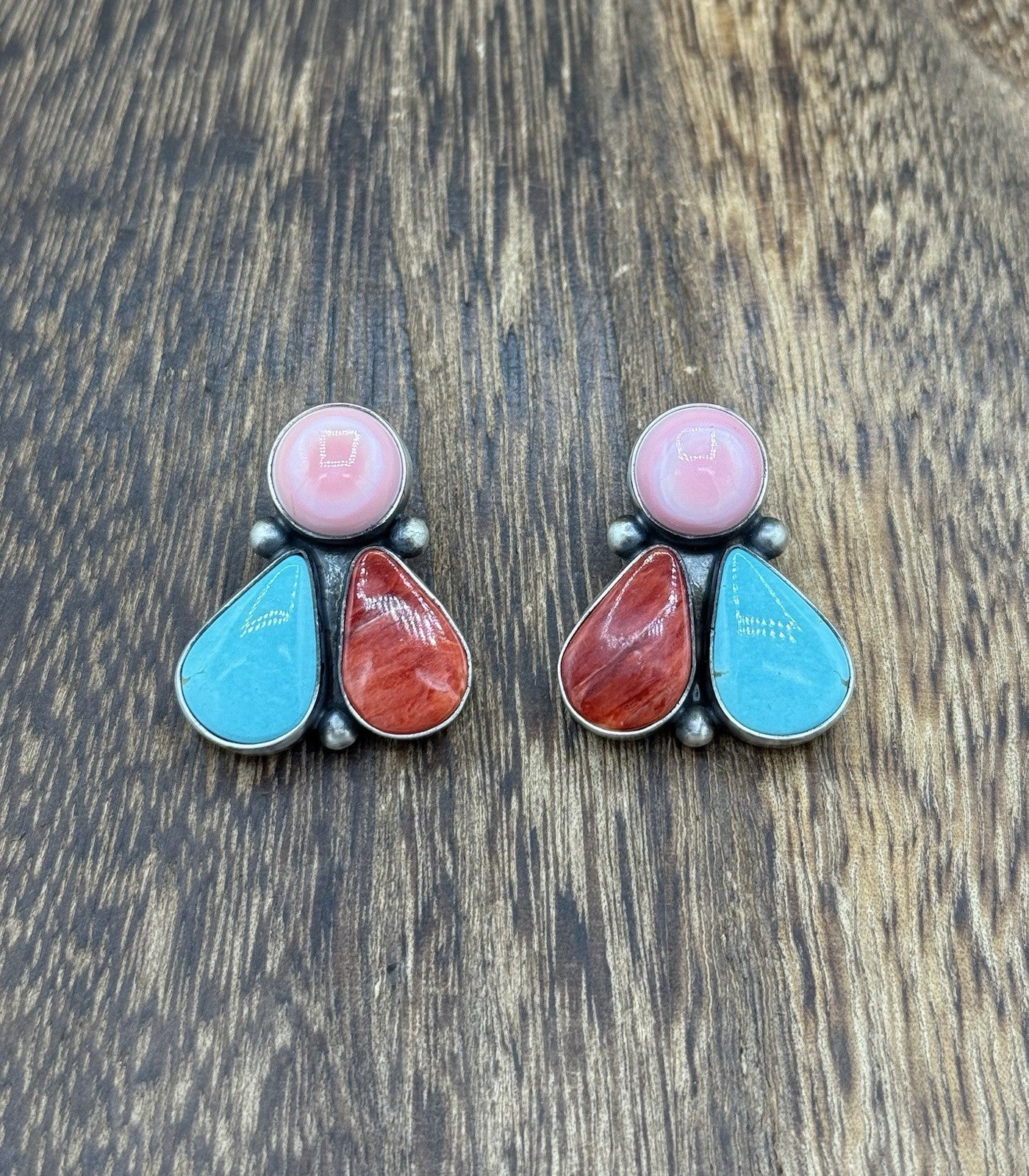 Navajo Handmade Sterling Silver Multi Color Turquoise Spiny Cluster Earrings