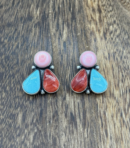 Navajo Handmade Sterling Silver Multi Color Turquoise Spiny Cluster Earrings