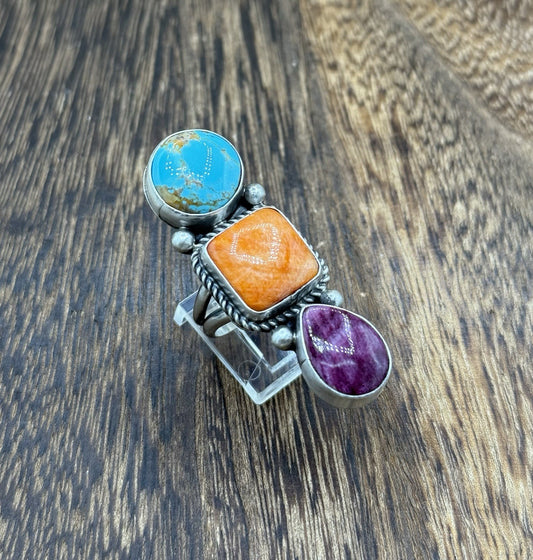 Native Navajo Handmade Sterling Silver Mixed Stone Turquoise Cluster Ring Size 8