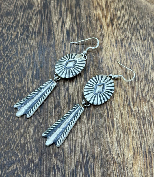 Navajo Handmade Sterling Silver Old Look Stamped Concho Design Dangle Earrings