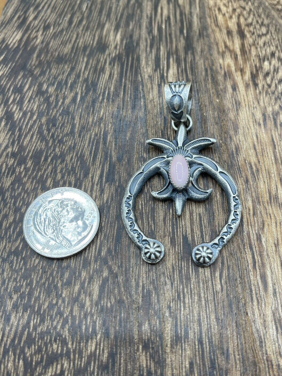 Native American Indian Navajo Handmade Silver Old Look Pink Concho Naja Pendant
