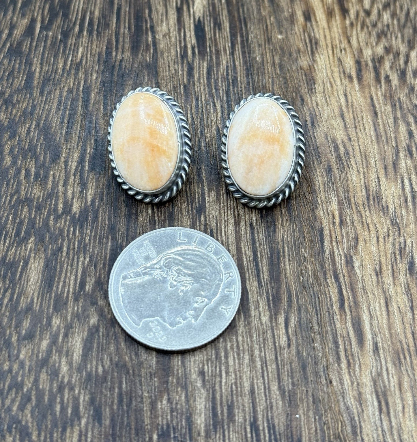 Native Navajo Handmade Sterling Silver Orange Spiny Oyster Shell Stud Earrings