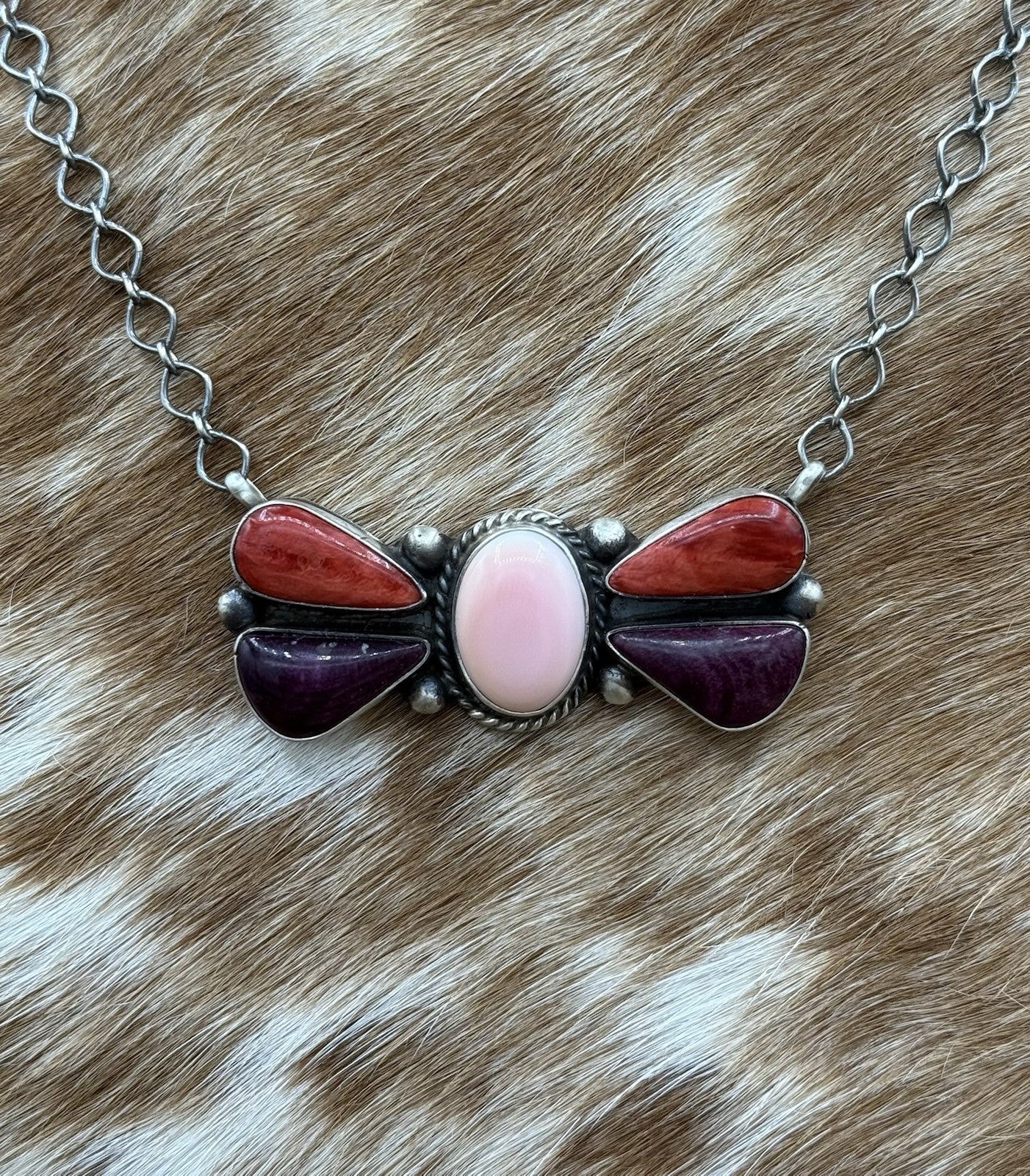 Navajo Handmade Sterling Silver Multi Stone Color Cluster Bar Necklace 18”