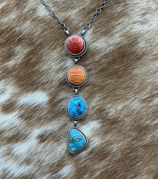 Navajo Handmade Sterling Silver Multi Color Mixed Stone Lariat Necklace 18”