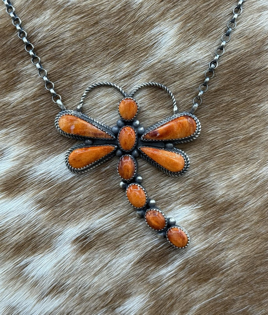 Navajo Handmade Sterling Silver Orange Spiny Oyster Dragonfly Bar Necklace 18”
