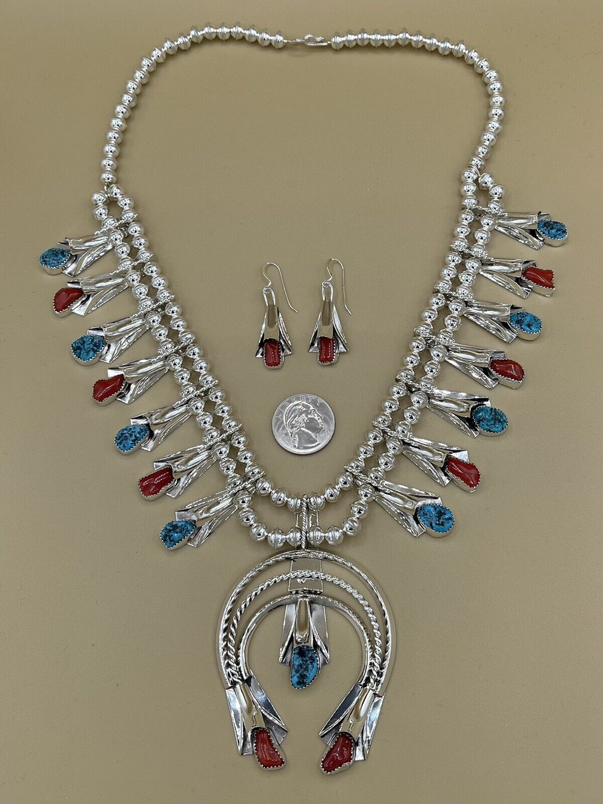 Native American Navajo Handmade Turquoise And Red Coral Squash Blossom Necklace