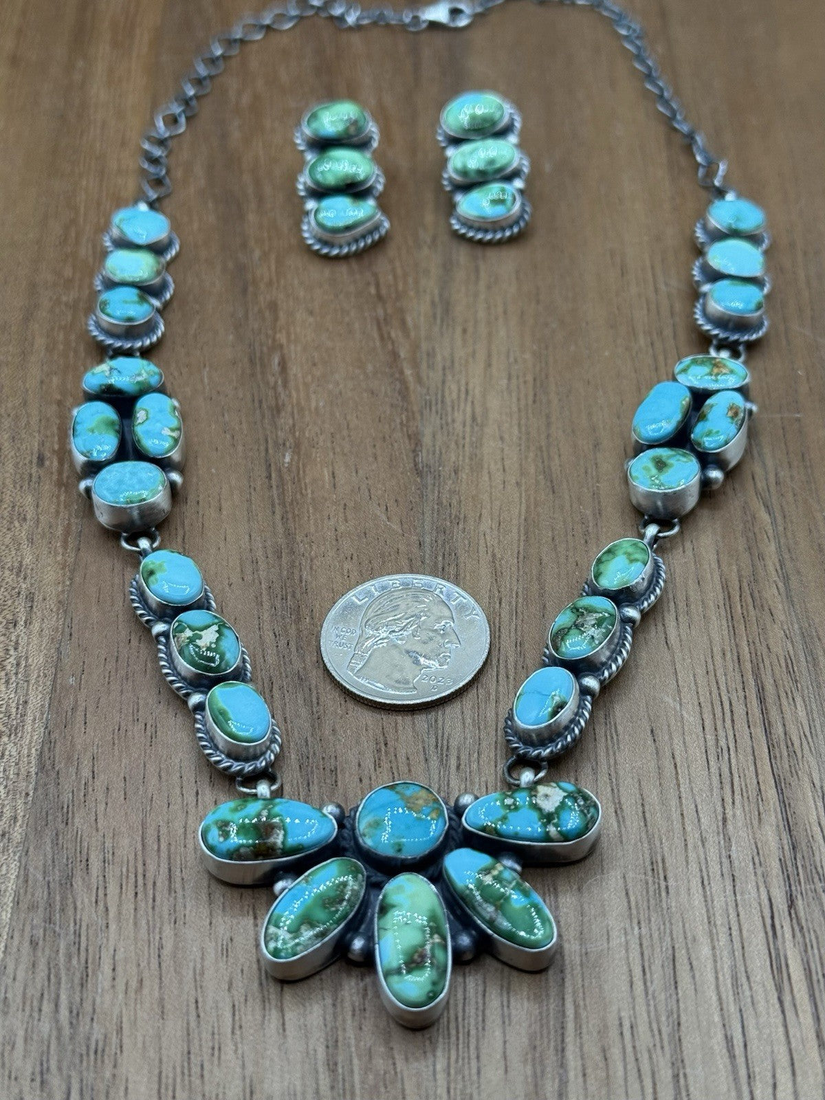 Navajo Handmade Sterling Silver Sonoran Gold Turquoise Cluster Necklace Set 20”