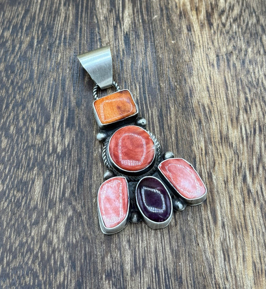Native Navajo Handmade Sterling Silver Multi Spiny Oyster Shell Cluster Pendant