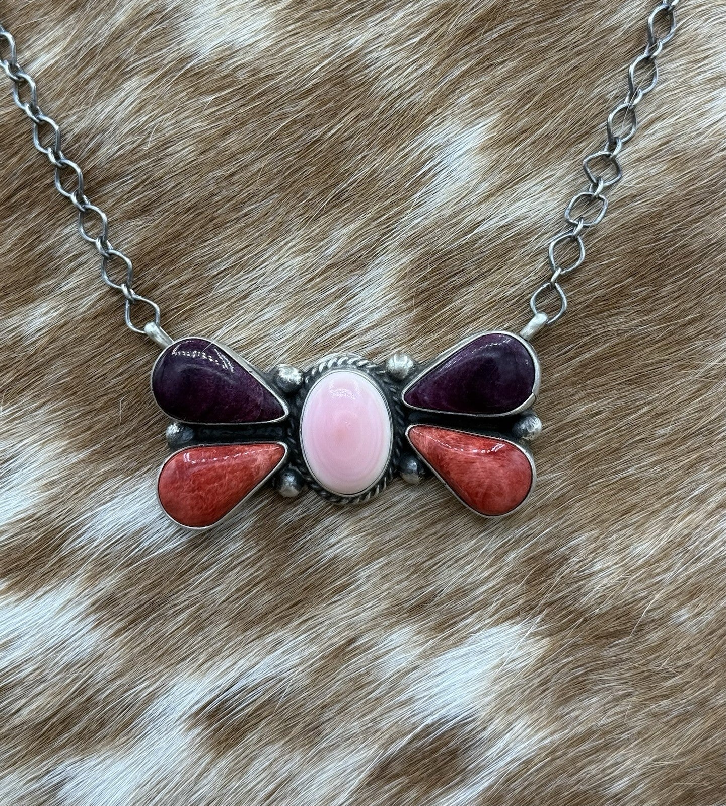 Navajo Handmade Sterling Silver Multi Stone Color Cluster Bar Necklace 18”