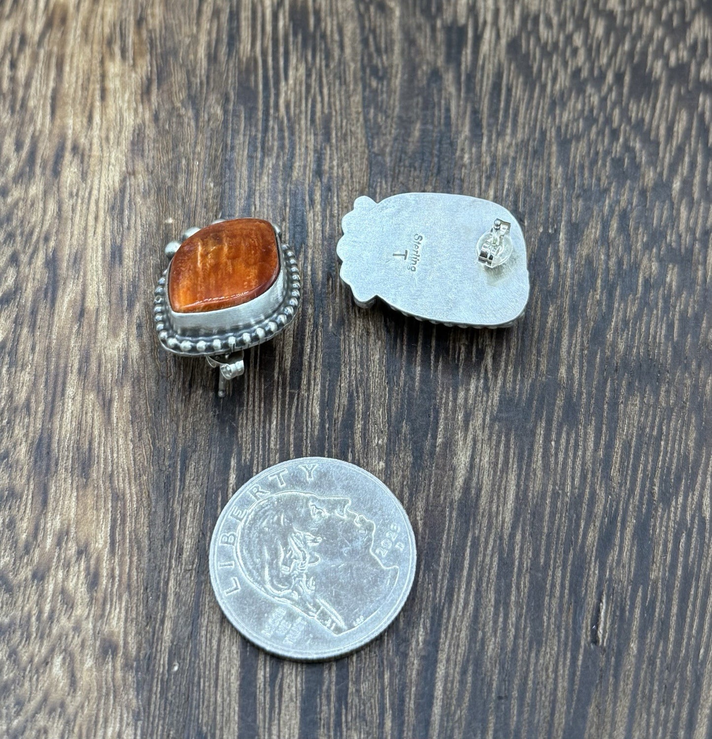 Native Navajo Handmade Sterling Silver Orange Spiny Oyster Post Stud Earrings