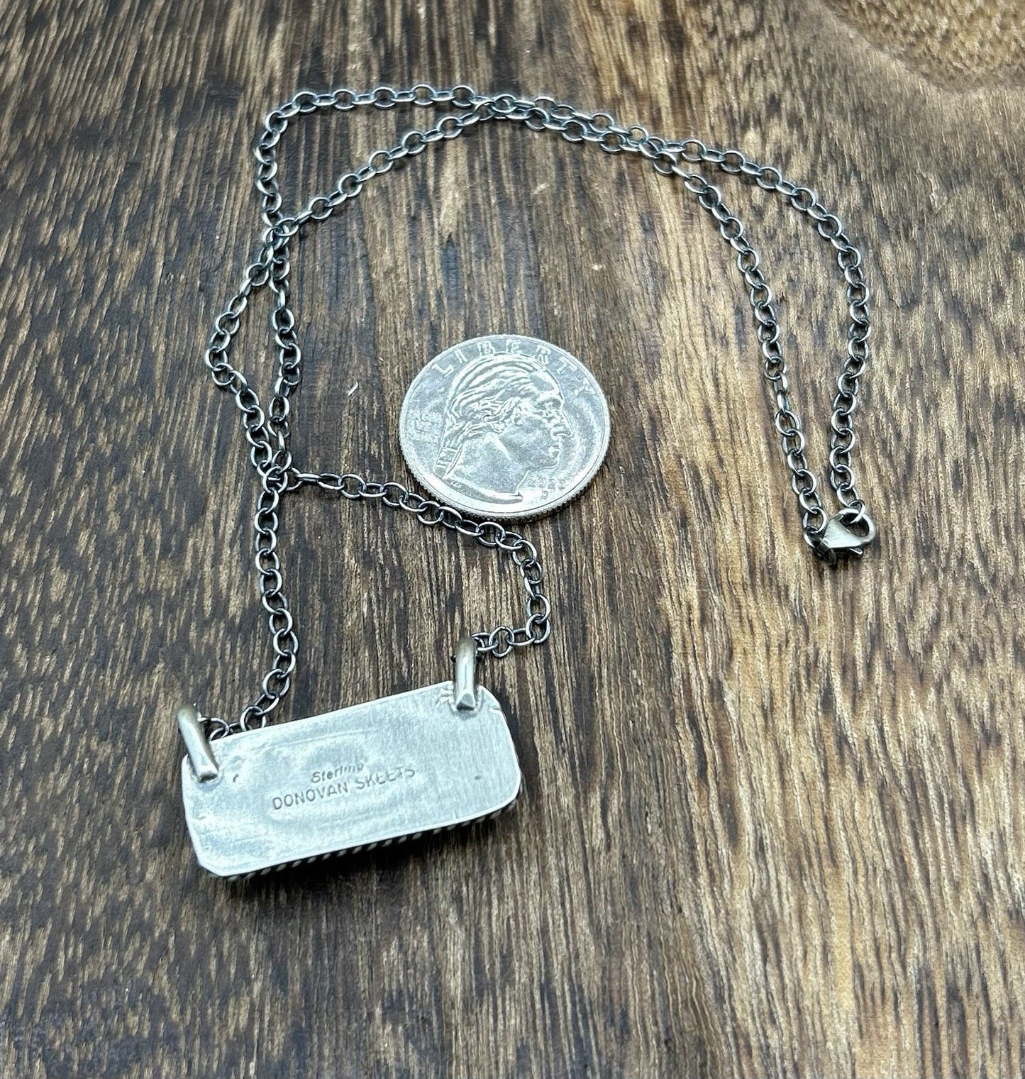 Navajo Handmade Sterling Silver Kingman Turquoise Bar Necklace 16”