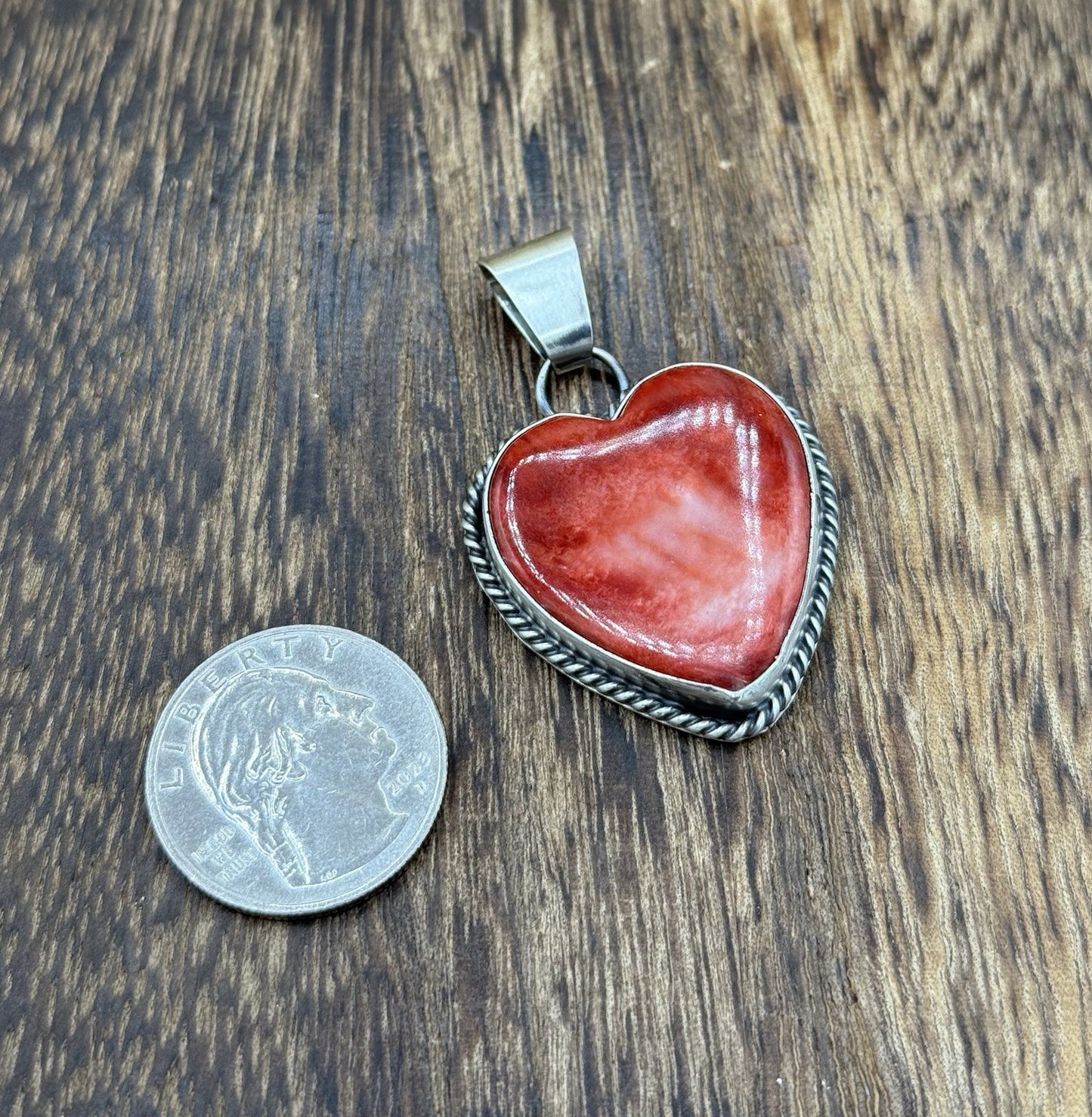 Navajo Handmade Sterling Silver Red Spiny Oyster Shell Heart Shaped Pendant