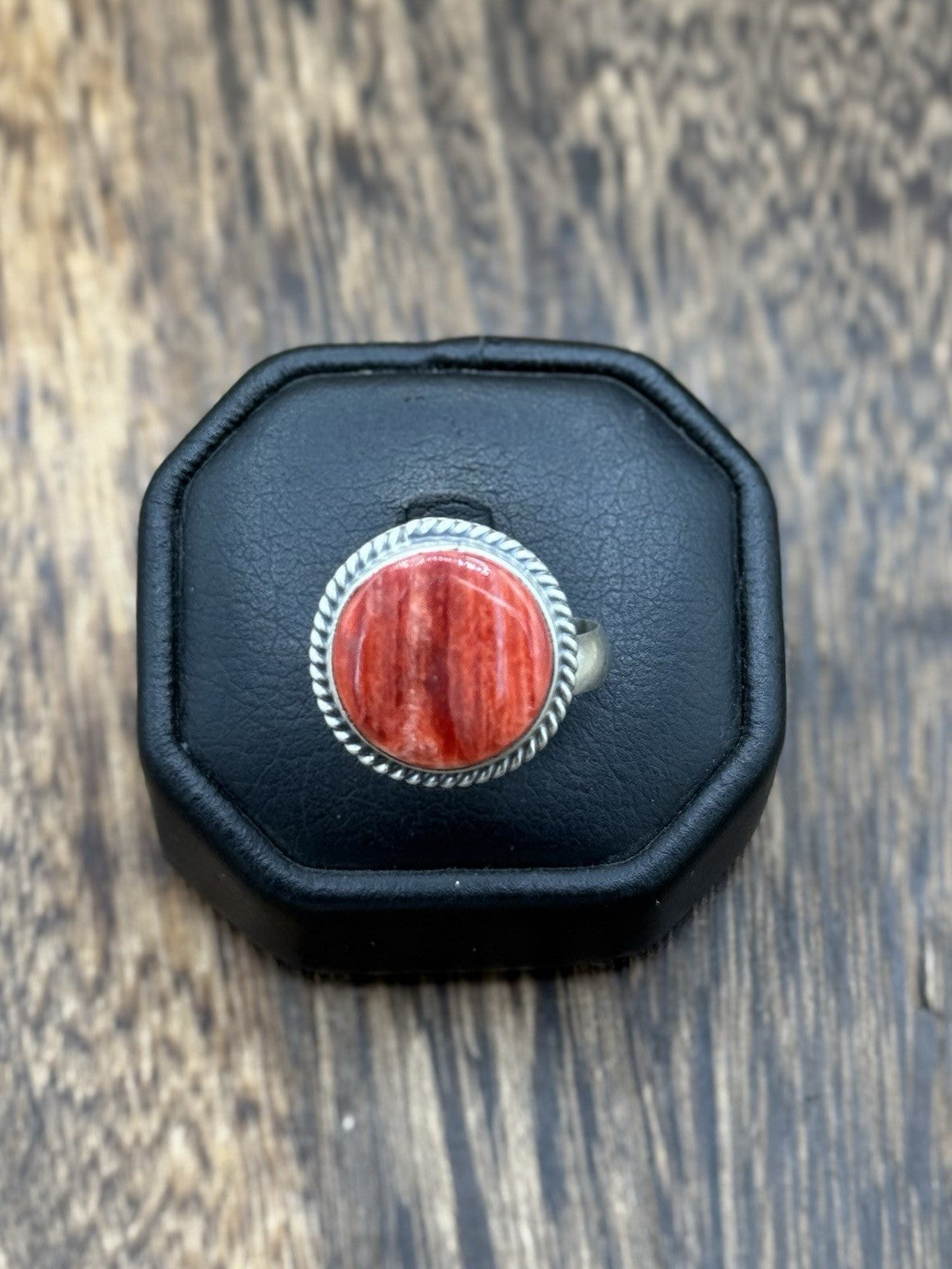 Navajo Handmade Sterling Silver Red Spiny Oyster Adjustable Ring Size 7 - 10