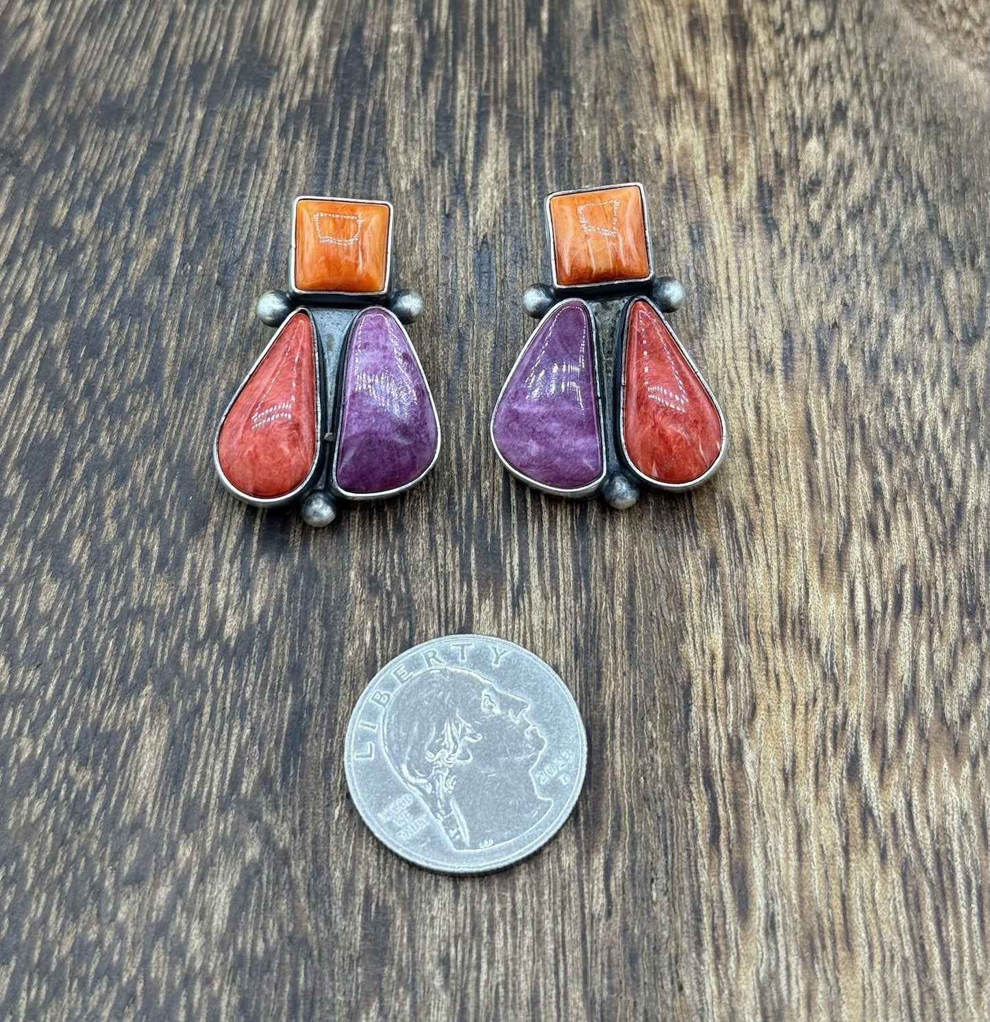 Navajo Handmade Sterling Silver Multi Color Spiny Oyster Shell Cluster Earrings