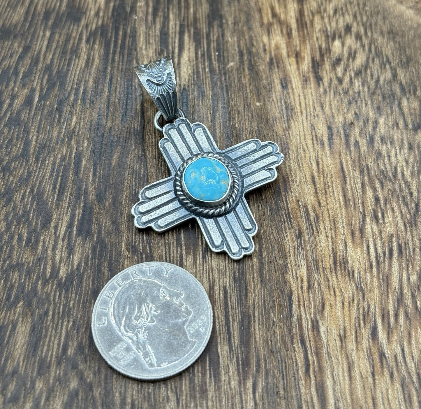 Navajo Handmade Sterling Silver Old Look Kingman Turquoise Zia Pendant Kevin B.