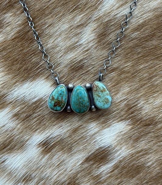 Navajo Handmade Sterling Silver Kingman Turquoise Cluster Bar Necklace 18”