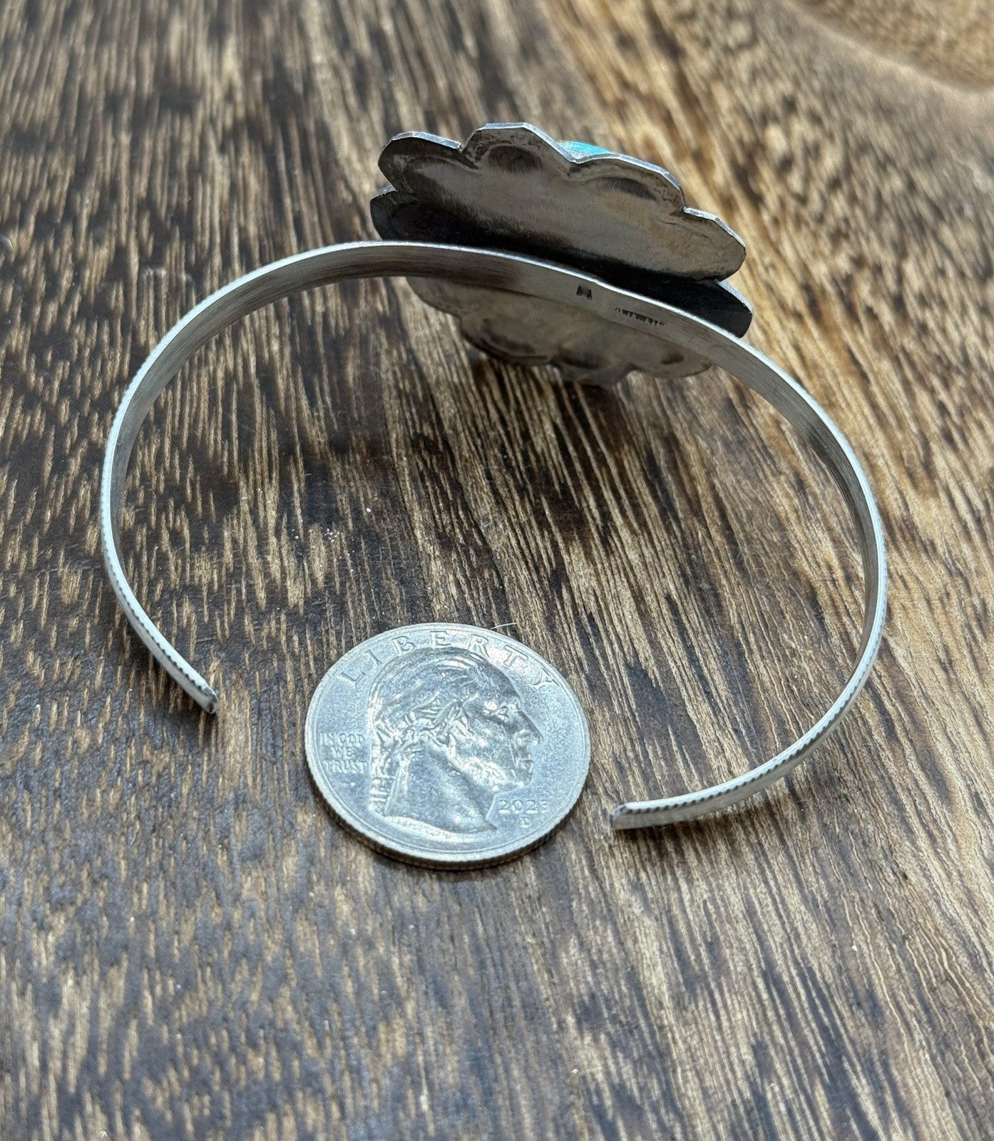 Native Navajo Handmade Sterling Silver Kingman Turquoise Cuff Stamped Bracelet