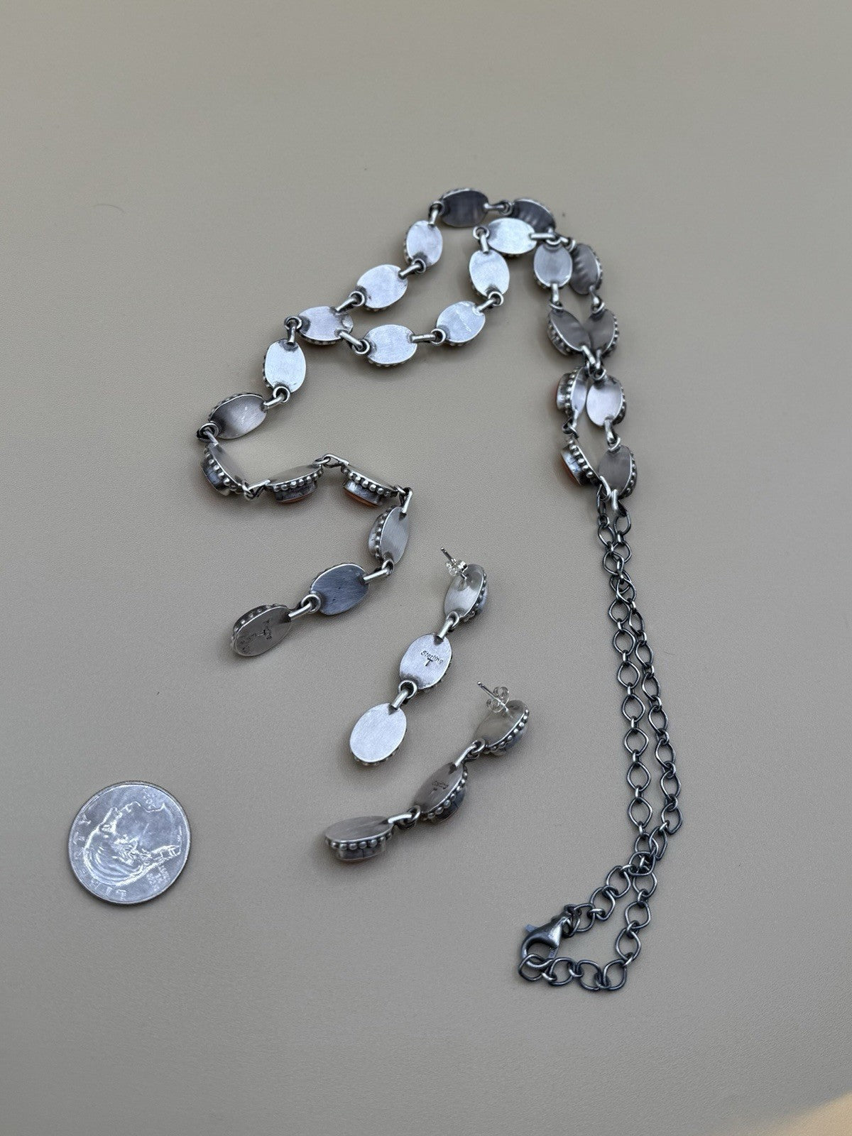 Navajo Handmade Sterling Silver Red Spiny Oyster Lariat Dangle Necklace Long