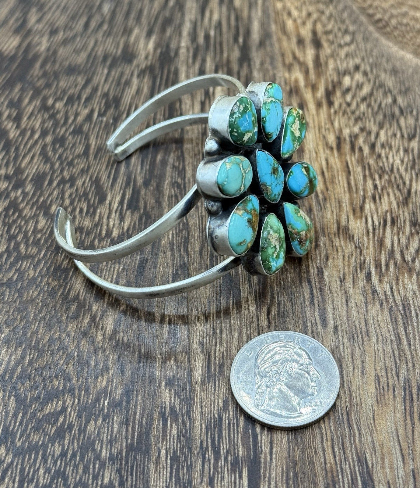 Navajo Handmade Sterling Silver Sonoran Gold Turquoise Cluster Cuff Bracelet