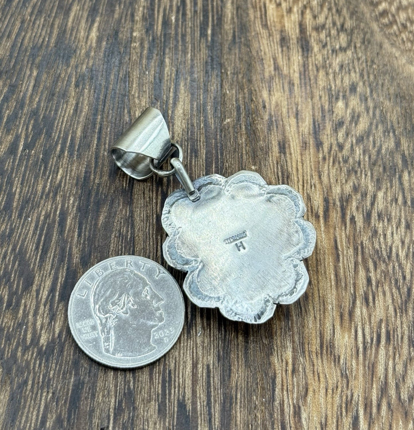 Navajo Handmade Sterling Silver Royston Turquoise Stamped Design Drop Pendant