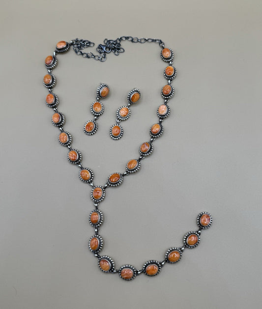 Navajo Handmade Sterling Silver Orange Spiny Oyster Lariat Dangle Necklace Long